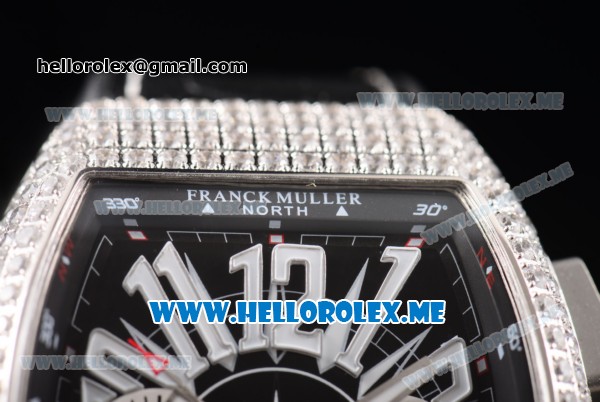 Franck Muller Vanguard Miyota OS20 Quartz Steel Case with Black Dial Black Leather Strap and White Subdials Diamonds Bezel - Click Image to Close